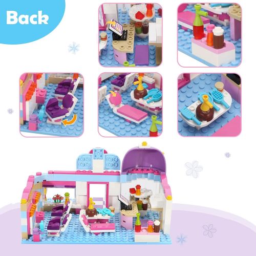  BRICK STORY Girls Friends Hair Salon Building Blocks Toys 358 Pieces Shampoo Bed Swivel Chair Counter Pink Convertible Car Bricks Toys for Girls 6-12 Education Construction Play Set for Kids 4