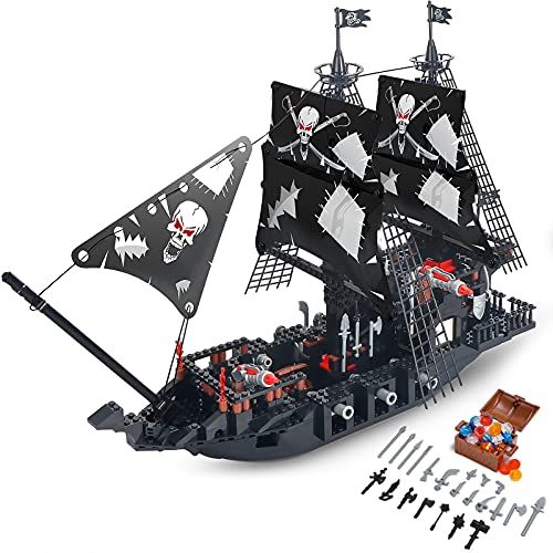  BRICK STORY Black Pirate Ship Building Kit with 5 Mini Pirates Figures, and 4 Skull Mini Toy Doll, Pirate Ships Toy Boat Building Blocks for Kids Boys Age 8 Years and Up ,809 Pcs