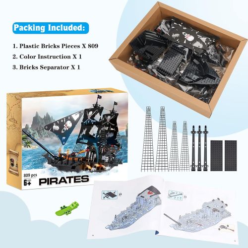  BRICK STORY Black Pirate Ship Building Kit with 5 Mini Pirates Figures, and 4 Skull Mini Toy Doll, Pirate Ships Toy Boat Building Blocks for Kids Boys Age 8 Years and Up ,809 Pcs