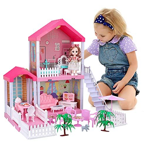  BRICK STORY Dollhouse for Girls, DIY Dream House with Dolls, Lights and Furniture, 3 Rooms Cottage Playset Gift for Kids Aged 3+ (2-Story House (Pink))