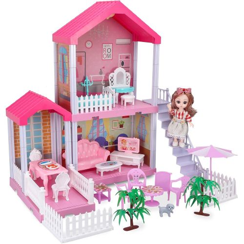  BRICK STORY Dollhouse for Girls, DIY Dream House with Dolls, Lights and Furniture, 3 Rooms Cottage Playset Gift for Kids Aged 3+ (2-Story House (Pink))