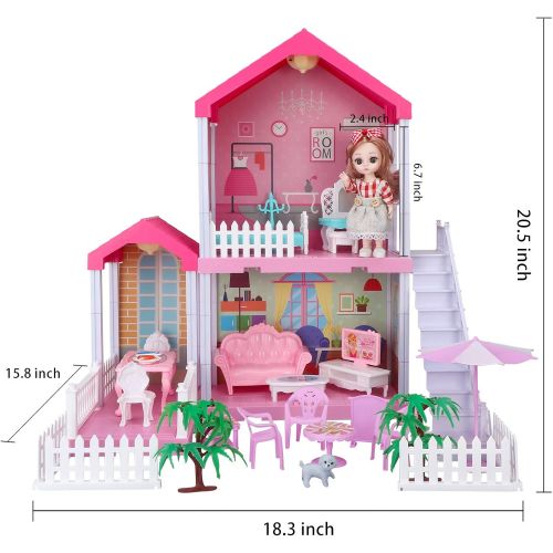  BRICK STORY Dollhouse for Girls, DIY Dream House with Dolls, Lights and Furniture, 3 Rooms Cottage Playset Gift for Kids Aged 3+ (2-Story House (Pink))