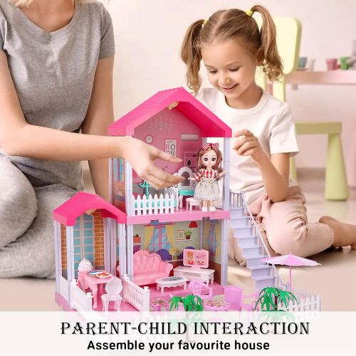  BRICK STORY Dollhouse for Girls, DIY Dream House with Dolls, Lights and Furniture, 3 Rooms Cottage Playset Gift for Kids Aged 3+ (2-Story House (Pink))