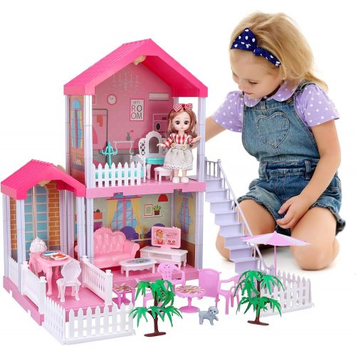  BRICK STORY Dollhouse for Girls, DIY Dream House with Dolls, Lights and Furniture, 3 Rooms Cottage Playset Gift for Kids Aged 3+ (2-Story House (Pink))