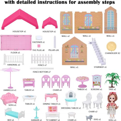  BRICK STORY Dollhouse for Girls, DIY Dream House with Dolls, Lights and Furniture, 3 Rooms Cottage Playset Gift for Kids Aged 3+ (2-Story House (Pink))