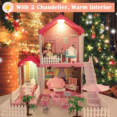  BRICK STORY Dollhouse for Girls, DIY Dream House with Dolls, Lights and Furniture, 3 Rooms Cottage Playset Gift for Kids Aged 3+ (2-Story House (Pink))