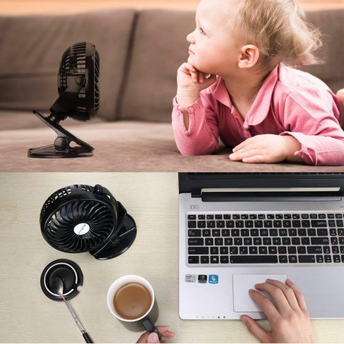  BRIGENIUS Battery Operated Clip On Mini Desk USB Fan With Rechargeable 2600mAh Battery & USB Cable. 360°Rotation, Adjustable Speed. Cooling Portable Small Stroller Fan for Baby, Car Seat, Gy