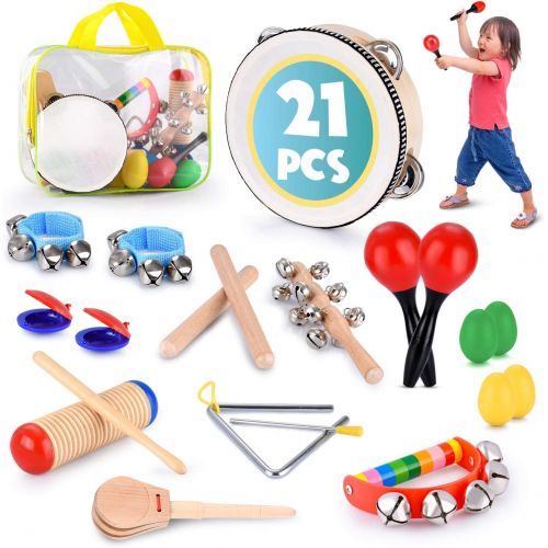  [아마존베스트]Toddler Educational & Musical Percussion for Kids & Children Instruments Set 18 Pcs  with Tambourine, Maracas, Castanets & More  Promote Fine Motor Skills, Enhance Hand to Eye Co