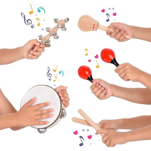  [아마존베스트]Toddler Educational & Musical Percussion for Kids & Children Instruments Set 18 Pcs  with Tambourine, Maracas, Castanets & More  Promote Fine Motor Skills, Enhance Hand to Eye Co