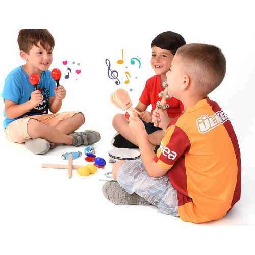  [아마존베스트]Toddler Educational & Musical Percussion for Kids & Children Instruments Set 18 Pcs  with Tambourine, Maracas, Castanets & More  Promote Fine Motor Skills, Enhance Hand to Eye Co