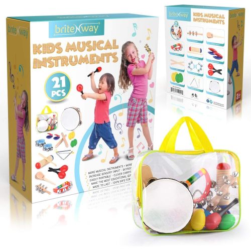  BRITENWAY Toddler Educational & Musical Percussion for Kids & Children Instruments Set 21 Pcs  With Tambourine, Maracas, Castanets & More  Promote Fine Motor Skills, Enhance Hand To Eye Co