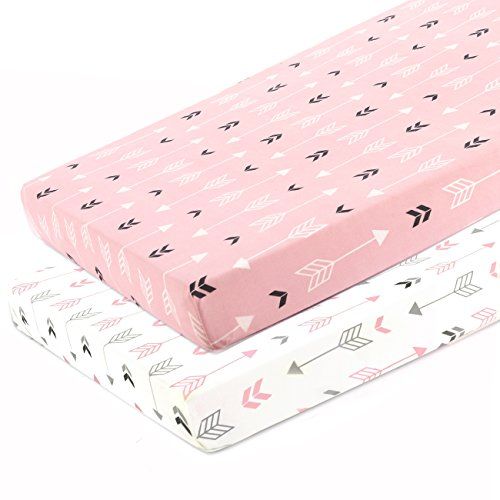  [아마존베스트]BROLEX Stretchy Fitted Pack n Play Playard Sheet Set-Brolex 2 Pack Portable Mini Crib Sheets,Convertible Playard Mattress Cover,Ultra Soft Material,Pink & White Arrow Design