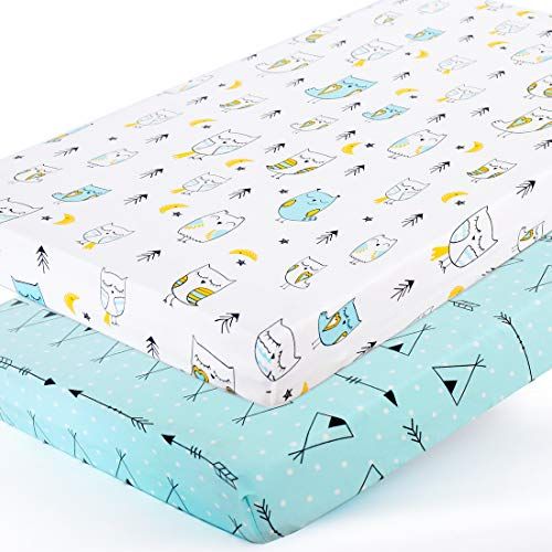  Stretchy-Pack-n-Play-Playard-Sheets-Brolex 2 Pack Portable Mini Crib Sheets,Convertible Playard Mattress Cover for Baby Boys Gilrs,Ultra Soft Jersey Knit,Arrow & Owl