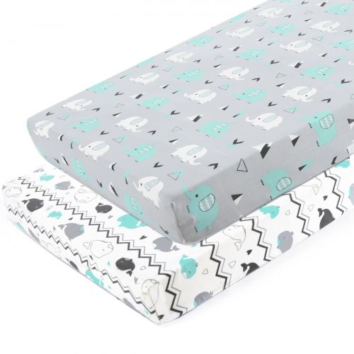  Pack n Play Stretchy Fitted Pack n Play Playard Sheet Set-Brolex 2 Pack Portable Mini Crib Sheets,Convertible Playard Mattress Cover,Ultra Soft Material，Elephant & Whale