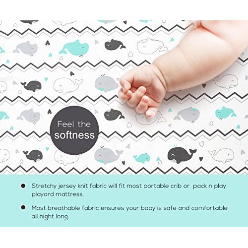  Pack n Play Stretchy Fitted Pack n Play Playard Sheet Set-Brolex 2 Pack Portable Mini Crib Sheets,Convertible Playard Mattress Cover,Ultra Soft Material，Elephant & Whale