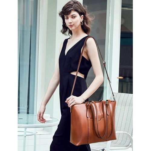  [아마존베스트]BROMEN Women Briefcase 15.6 inch Laptop Tote Bag Vintage Leather Handbags Shoulder Work Purses Oil Wax Brown