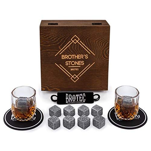  [아마존베스트]BROTEC Whiskey Stones and Glass Set - 8 Granite Chilling Whisky Rocks  2 Crystal Shot Glasses in Wooden Box  Premium Bar Accessories for the Best Tasting Beverages