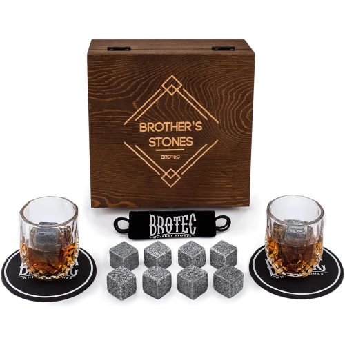  [아마존베스트]BROTEC Whiskey Stones and Glass Set - 8 Granite Chilling Whisky Rocks  2 Crystal Shot Glasses in Wooden Box  Premium Bar Accessories for the Best Tasting Beverages