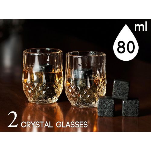  [아마존베스트]BROTEC Whiskey Stones and Glass Set - 8 Granite Chilling Whisky Rocks  2 Crystal Shot Glasses in Wooden Box  Premium Bar Accessories for the Best Tasting Beverages