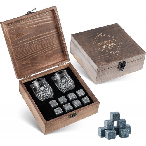  [아마존베스트]BROTEC Whiskey Stones and Glass Set - 8 Granite Chilling Whisky Rocks  2 Crystal Shot Glasses in Wooden Box  Premium Bar Accessories for the Best Tasting Beverages