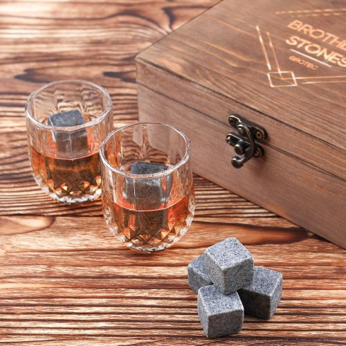  [아마존베스트]BROTEC Whiskey Stones and Glass Set - 8 Granite Chilling Whisky Rocks  2 Crystal Shot Glasses in Wooden Box  Premium Bar Accessories for the Best Tasting Beverages