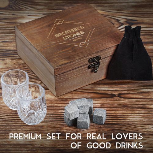  [아마존베스트]BROTEC Whiskey Stones and Glass Set - 8 Granite Chilling Whisky Rocks  2 Crystal Shot Glasses in Wooden Box  Premium Bar Accessories for the Best Tasting Beverages