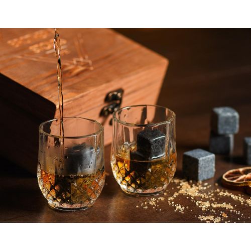  [아마존베스트]BROTEC Whiskey Stones and Glass Set - 8 Granite Chilling Whisky Rocks  2 Crystal Shot Glasses in Wooden Box  Premium Bar Accessories for the Best Tasting Beverages