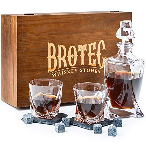  [아마존베스트]BROTEC Whiskey Decanter Set with 2 Low-Ball Crystal Glasses, Chilling Whiskey Stones, 2 Stone Drink Coasters and Wood Storage Gift Box, Cocktail Glass Bourbon Old Fashioned Tumblers, Bar