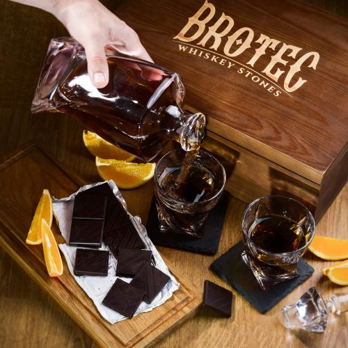  [아마존베스트]BROTEC Whiskey Decanter Set with 2 Low-Ball Crystal Glasses, Chilling Whiskey Stones, 2 Stone Drink Coasters and Wood Storage Gift Box, Cocktail Glass Bourbon Old Fashioned Tumblers, Bar