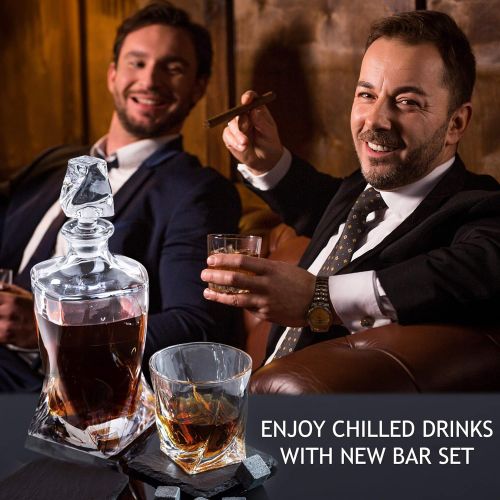  [아마존베스트]BROTEC Whiskey Decanter Set with 2 Low-Ball Crystal Glasses, Chilling Whiskey Stones, 2 Stone Drink Coasters and Wood Storage Gift Box, Cocktail Glass Bourbon Old Fashioned Tumblers, Bar