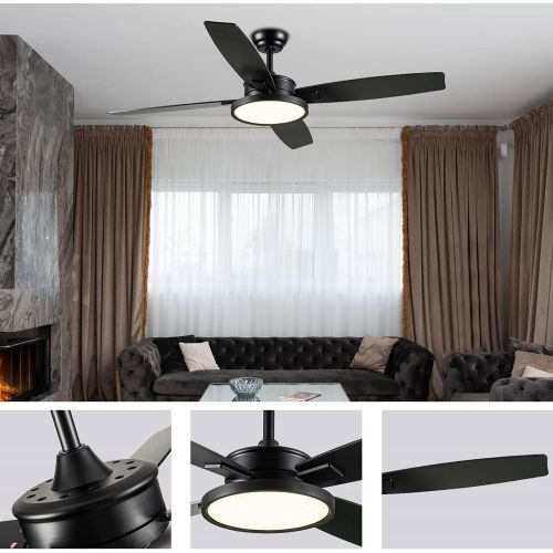  52 Inch Ceiling Fan ,BRTLX black Ceiling Fans with Lights Remote Control ,Outdoor Standard Ceiling Fans for bedroom and patios , Noiseless Reversible AC Motor, 3-speed, (Black)