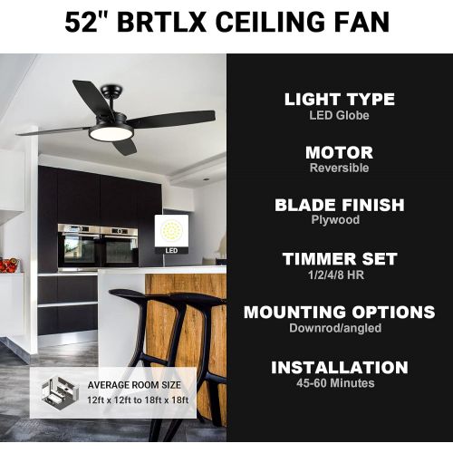  52 Inch Ceiling Fan ,BRTLX black Ceiling Fans with Lights Remote Control ,Outdoor Standard Ceiling Fans for bedroom and patios , Noiseless Reversible AC Motor, 3-speed, (Black)