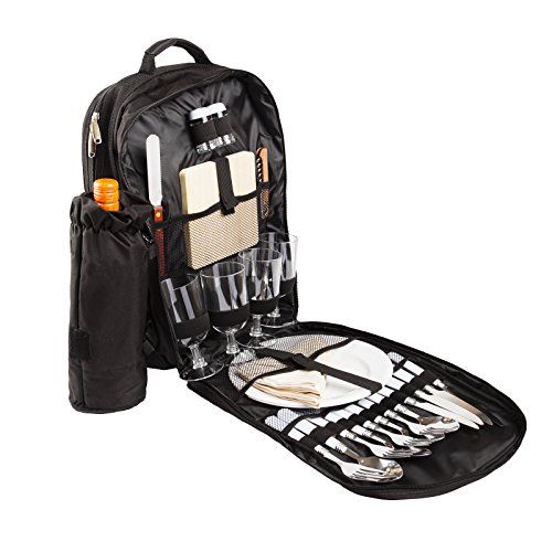  BRUBAKER Picnic Backpack Four Person with Removable Insulated Bottle Holder, Tableware and Plates