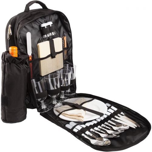  BRUBAKER Picnic Backpack Four Person with Removable Insulated Bottle Holder, Tableware and Plates