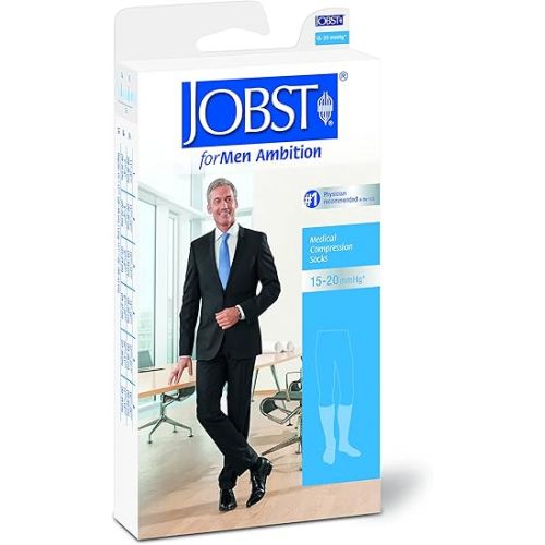  JOBST forMen Ambition Knee High 15-20 mmHg Ribbed Dress Compression Socks, Closed Toe, 1 Long, Brown