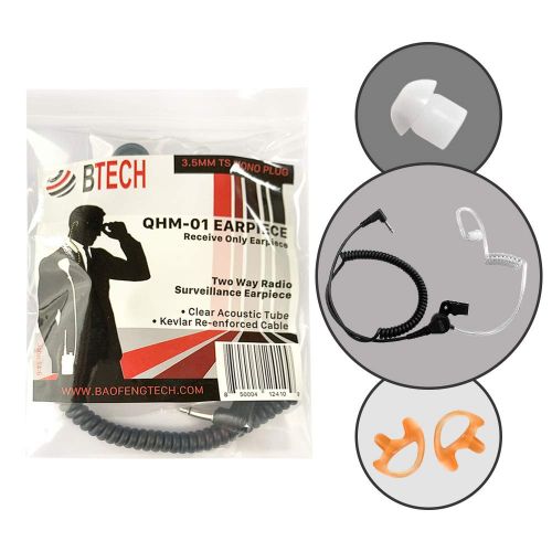  [아마존베스트]BTECH QHM01 3.5mm Listen-ONLY Heavy-Duty Surveillance Earpiece (Includes earmolds and Earbud) with Clear Acoustic Coil Tube for Two-Way Radios, Transceivers, and Radio Speaker Mics