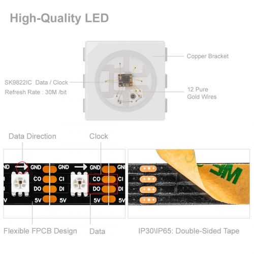  BTF-LIGHTING SK9822(Similar to APA102C) Individually Addressable 16.5ft 5m 60 Pixels/LEDs/m 300LEDs Non-Waterproof Black PCB Data and Clock Separately DC5V Full Color