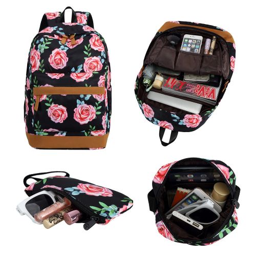  BTOOP Bookbag Girls School Backpack Cute Floral Schoolbag Laptop Shoulder Bag Daypack for Teen Girls Boys (Rose Floral Black)