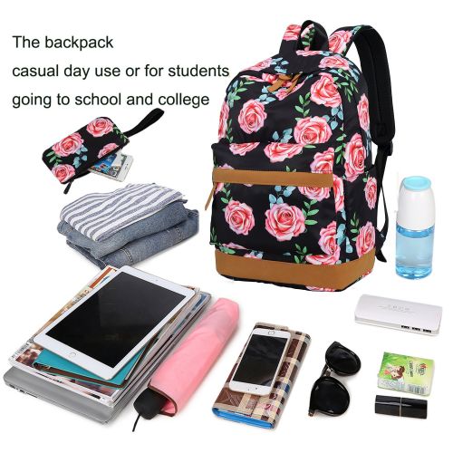  BTOOP Bookbag Girls School Backpack Cute Floral Schoolbag Laptop Shoulder Bag Daypack for Teen Girls Boys (Rose Floral Black)