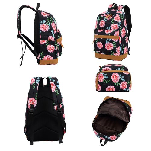  BTOOP Bookbag Girls School Backpack Cute Floral Schoolbag Laptop Shoulder Bag Daypack for Teen Girls Boys (Rose Floral Black)