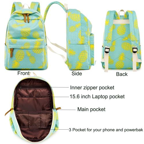  BTOOP Bookbag School Backpack Girls Cute Schoolbag for 15 inch Laptop backpack set (Water blue A002 yellow pineapple)