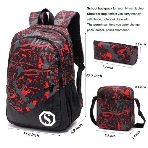  BTOOP School Backpacks for Boys, Teens Girls Unisex School Bookbag Set 3 Pieces fit 15 inch Laptop Shoulder bag Travel Daypack (Red 1)