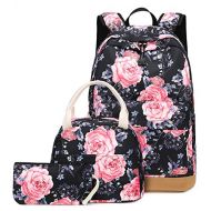 BTOOP School Backpack for Girls Bookbag With Insulation Lunch Bag and Pencil Case Women Travel Daypack Floral Black