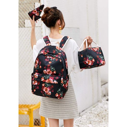  BTOOP School Backpack for Girls Bookbag With Insulation Lunch Bag and Pencil Case Women Travel Daypack Floral Black