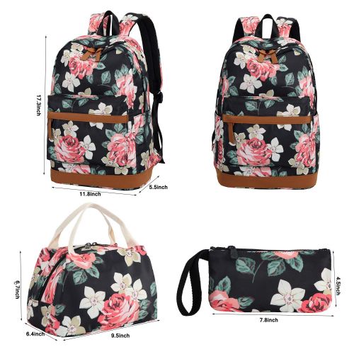  BTOOP School Backpack for Girls Bookbag With Insulation Lunch Bag and Pencil Case Women Travel Daypack Floral Black