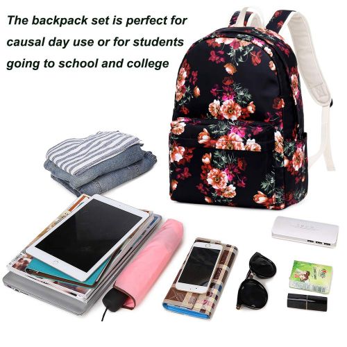  BTOOP School Backpack for Girls Bookbag With Insulation Lunch Bag and Pencil Case Women Travel Daypack Floral Black