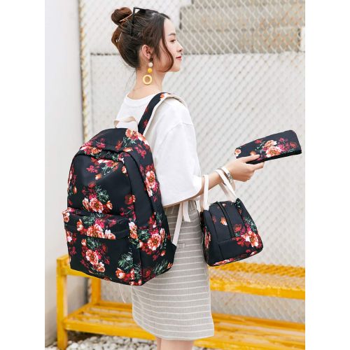  BTOOP School Backpack for Girls Bookbag With Insulation Lunch Bag and Pencil Case Women Travel Daypack Floral Black