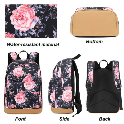  BTOOP School Backpack for Girls Bookbag With Insulation Lunch Bag and Pencil Case Women Travel Daypack Floral Black