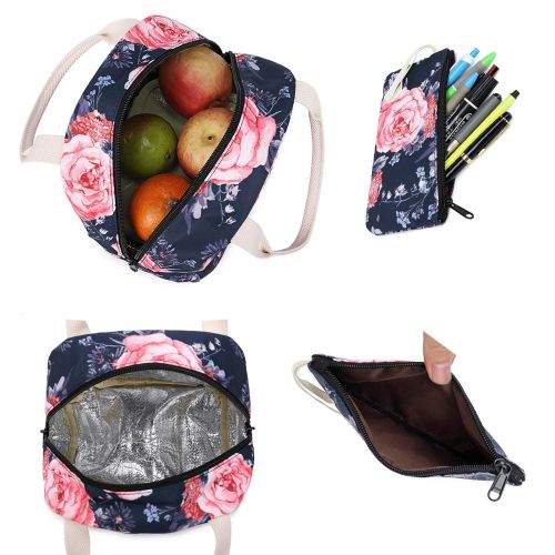  BTOOP School Backpack for Girls Bookbag With Insulation Lunch Bag and Pencil Case Women Travel Daypack Floral Black