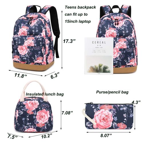  BTOOP School Backpack for Girls Bookbag With Insulation Lunch Bag and Pencil Case Women Travel Daypack Floral Black